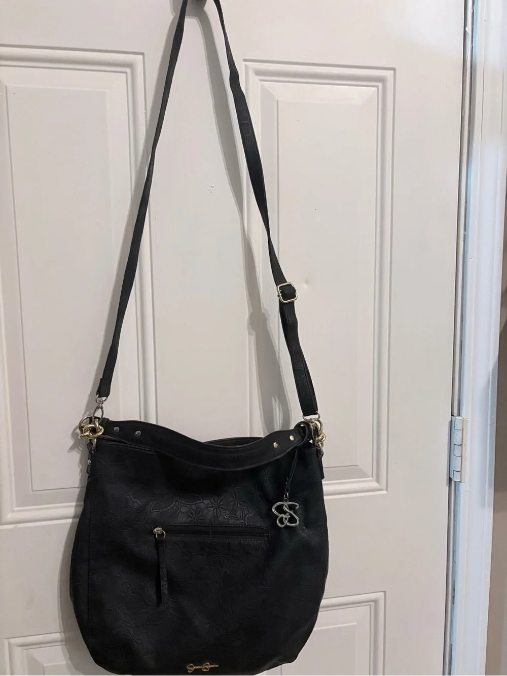 Jessica Simpson Black Floral-Embossed Shoulder Bag with Gold Accents